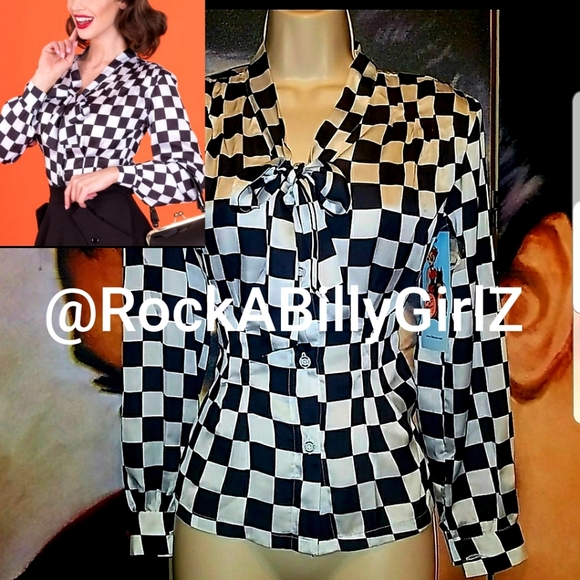 Tatyana Check Me Out Retro 1940's Rita Hayworth Black & White Checkerboard Top - Picture 1 of 8